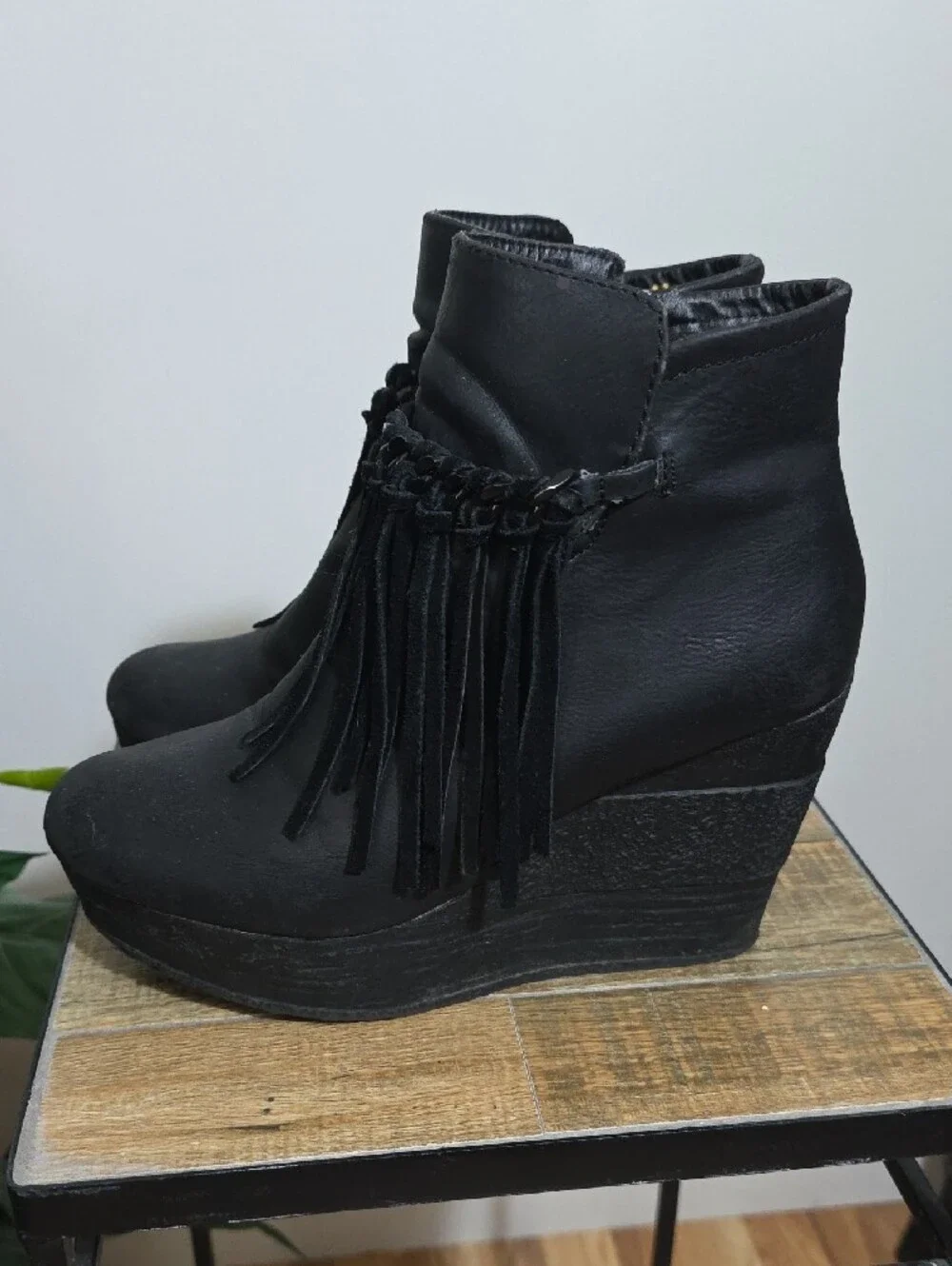 Womens Black Fringe Wedge Booties